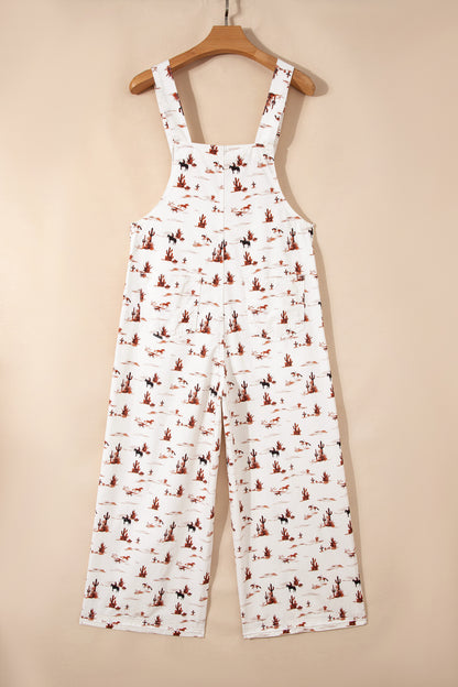 Beige Western Print Adjustable Strap Loose Cotton Jumpsuit