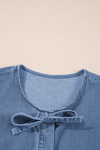 Blue Denim Tie Front Puff Sleeve Peplum Blouse