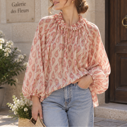 Women's Paisley Balloon Sleeve Tie Neck Blouse