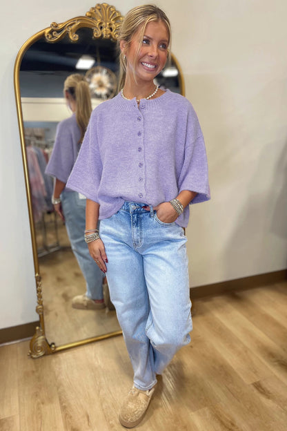 Lavender Boxy 3/4 Sleeve Button Down Knit Cardigan