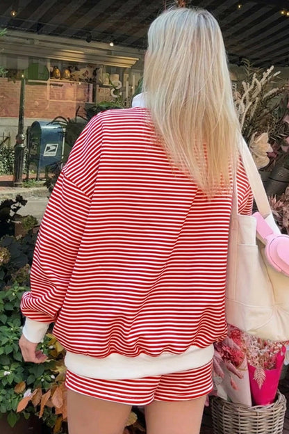 Pink Stripe Oversized Mock Neck Sweatshirt Shorts Set