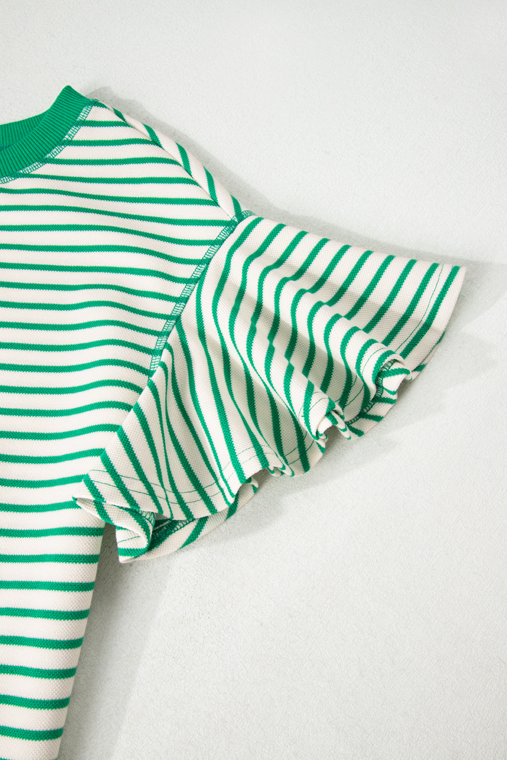 Green Striped Ruffle Sleeve Contrast Casual Top