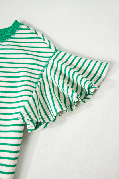 Green Striped Ruffle Sleeve Contrast Casual Top