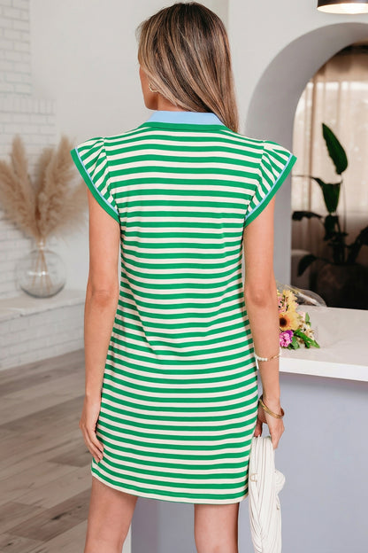 Green Stripe Contrast Collar Flutter Sleeve Mini Dress