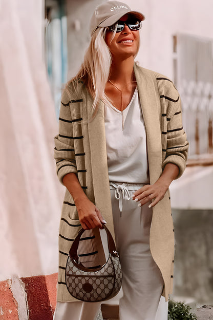Black Stripe Open Front Shawl Cardigan with Pockets