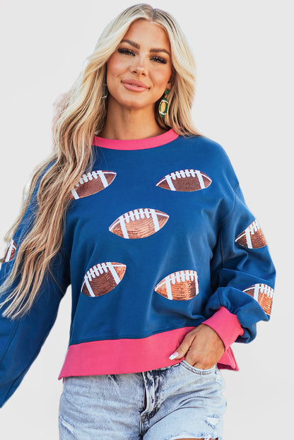 Sequin Color Block Bubble Sleeve Rugby Sweatshirt