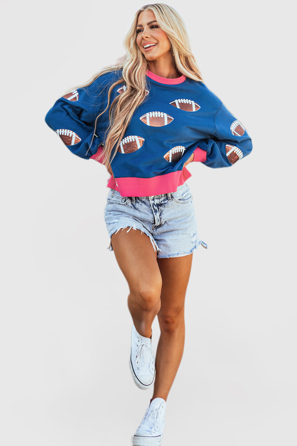 Sequin Color Block Bubble Sleeve Rugby Sweatshirt