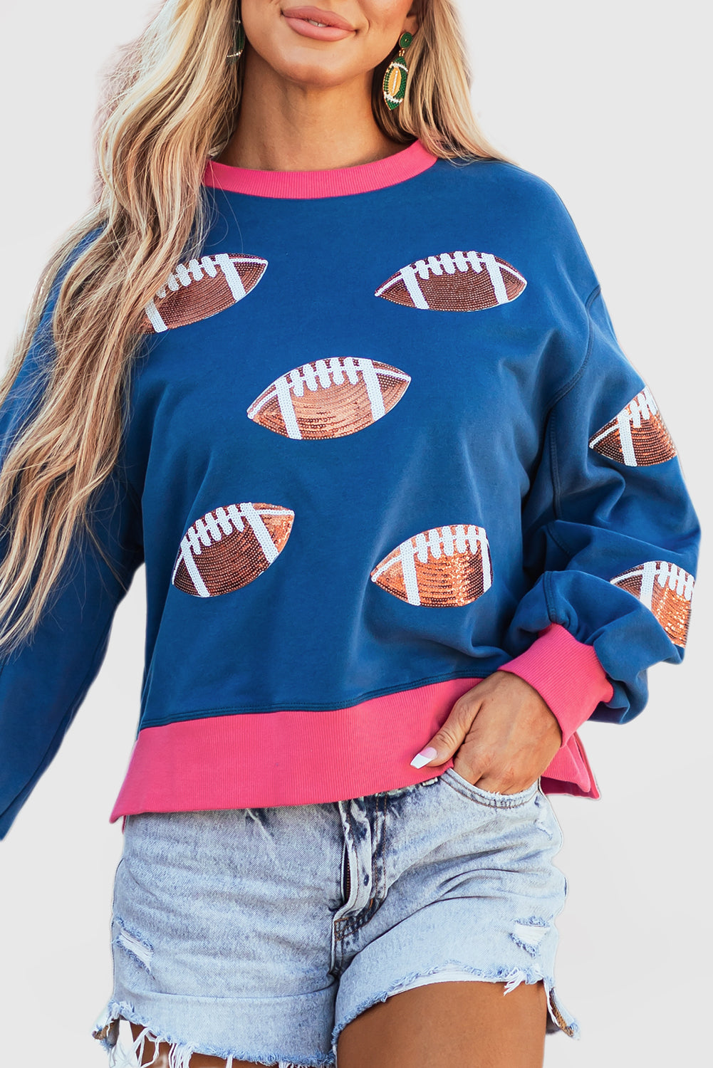 Sequin Color Block Bubble Sleeve Rugby Sweatshirt