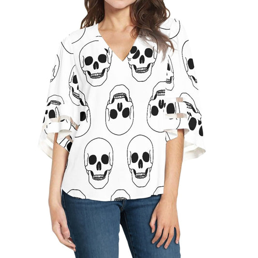 White Upside Down Skull Lace Trimmed Chiffon Top