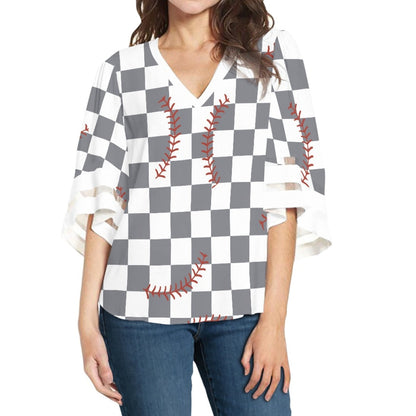 Checkered Bottom Baseball Lace Trim Chiffon Top
