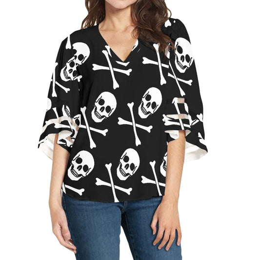 Black Skull Lace Trimmed Chiffon Top