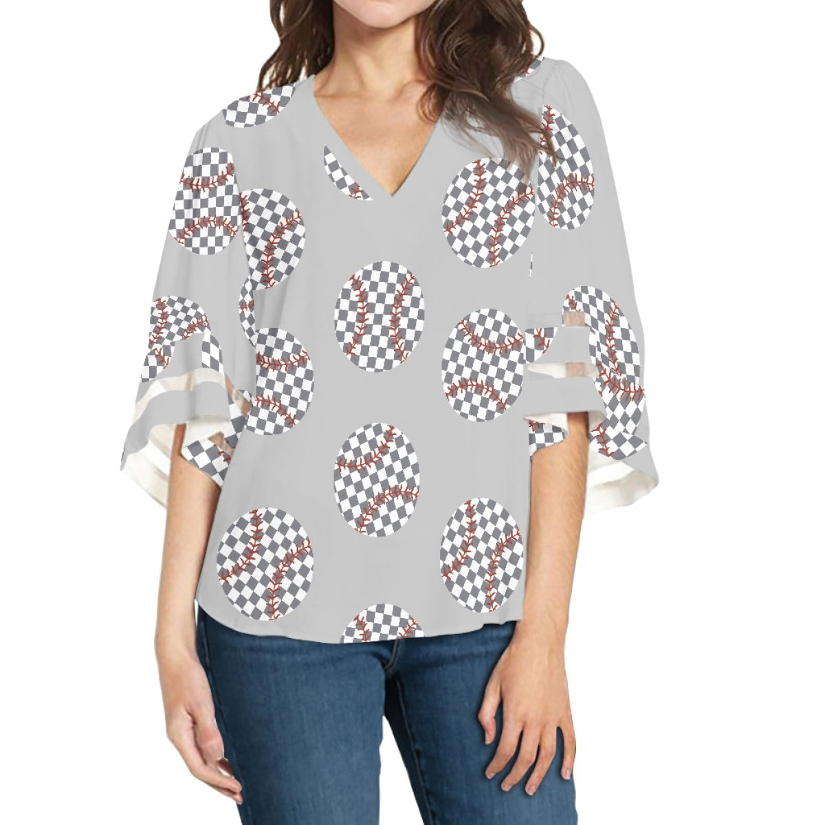 Baseball Lace Trim Chiffon Top Checkerboard Pattern