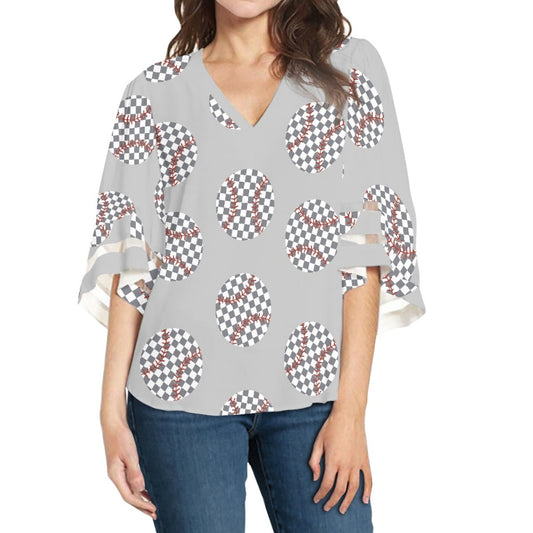 Baseball Lace Trim Chiffon Top Checkerboard Pattern