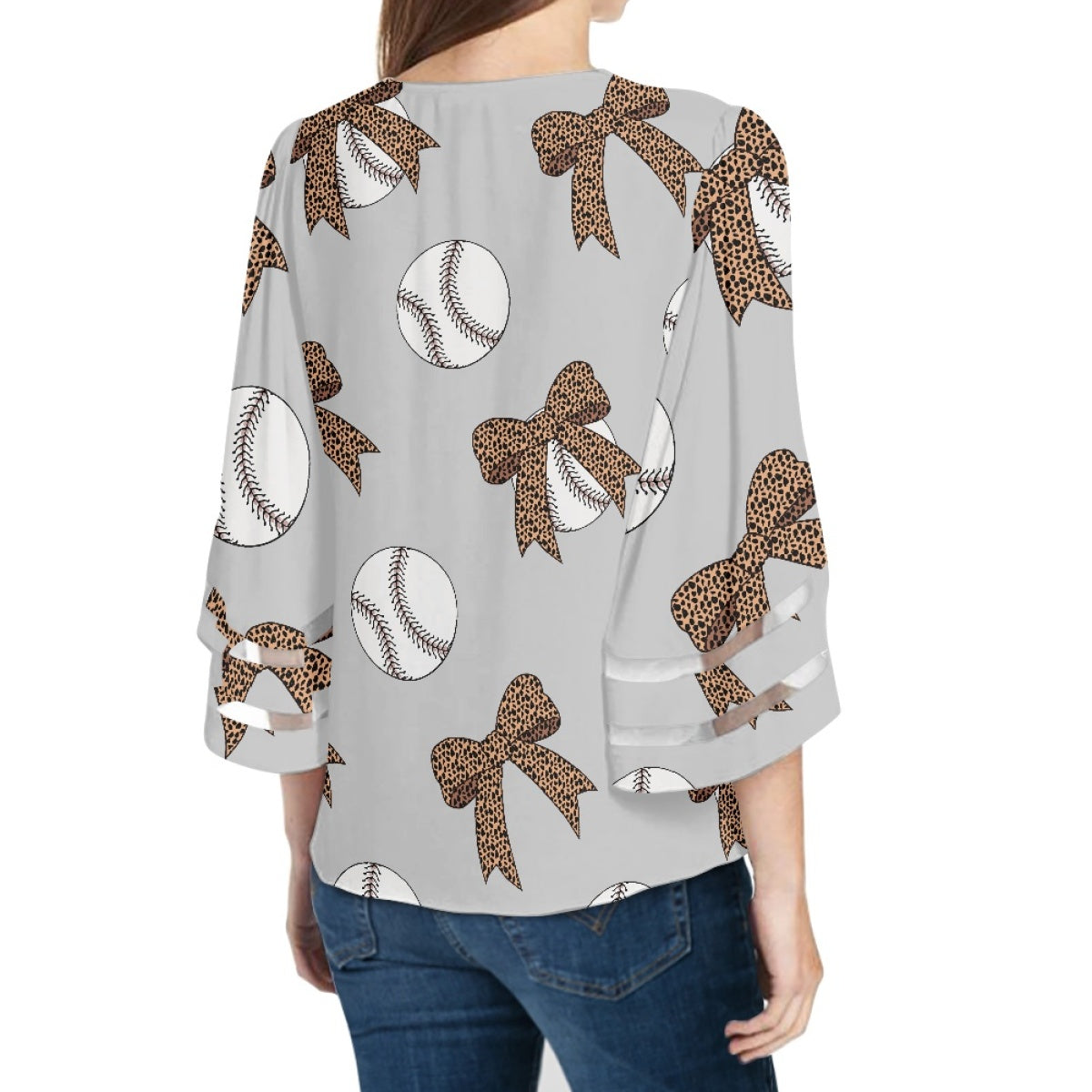 Leopard Bow Baseball Lace Trim Chiffon Top With Gray Background