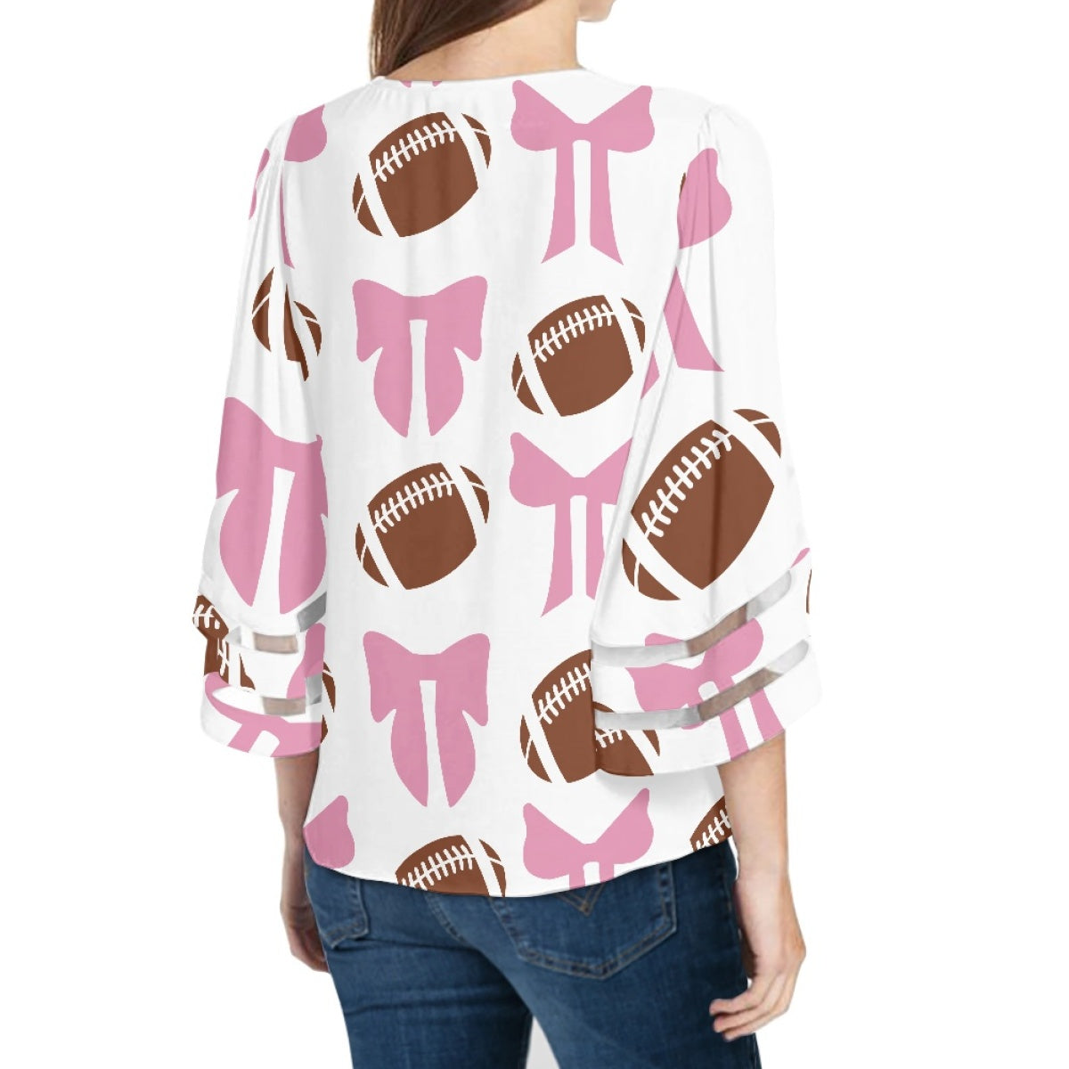White on Pink Bow Rugby Lace Trim Chiffon Top