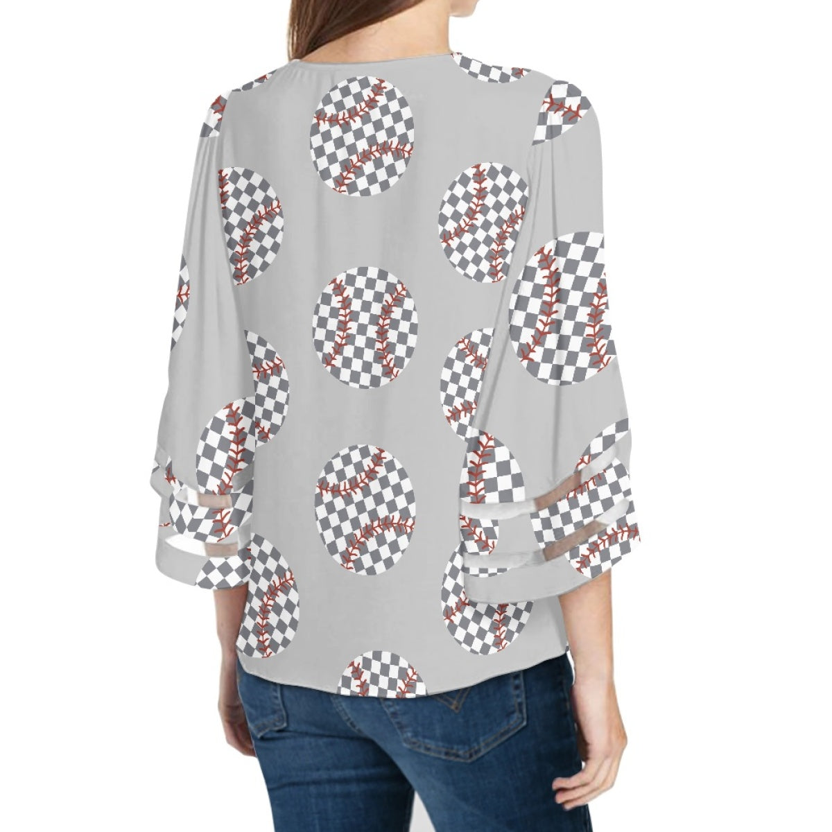 Baseball Lace Trim Chiffon Top Checkerboard Pattern