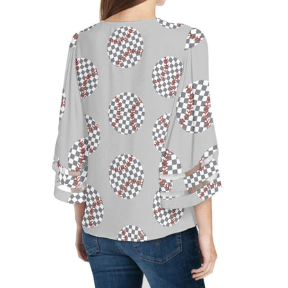 Baseball Lace Trim Chiffon Top Checkerboard Pattern