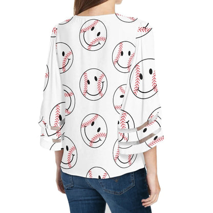 White Smiley Baseball Lace Trim Chiffon Top