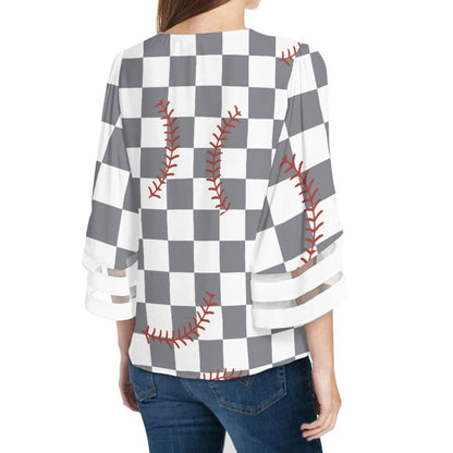 Checkered Bottom Baseball Lace Trim Chiffon Top