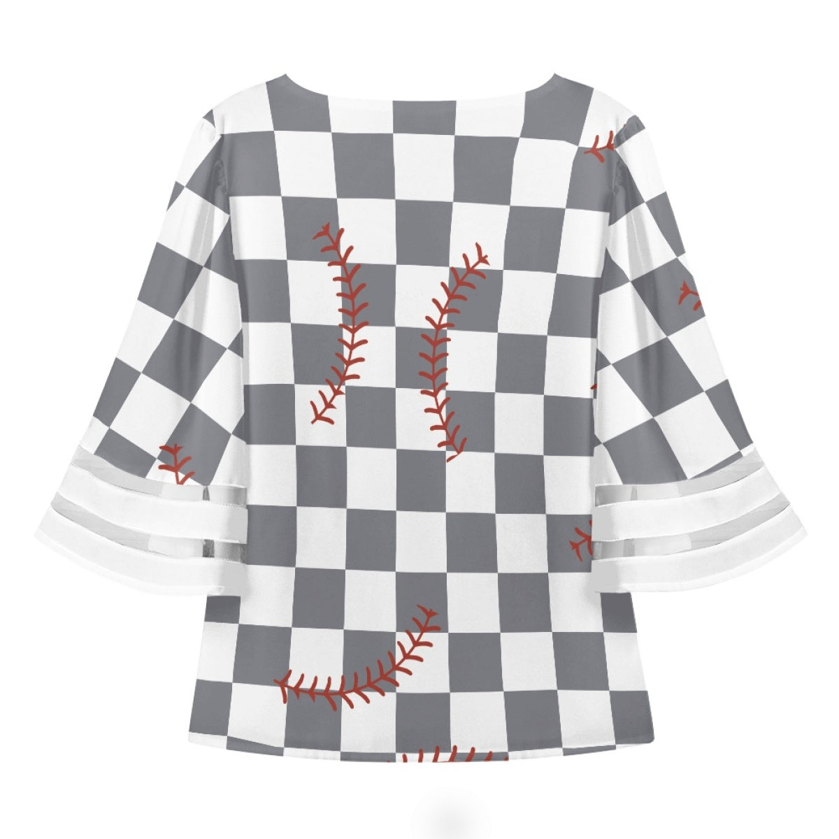 Checkered Bottom Baseball Lace Trim Chiffon Top