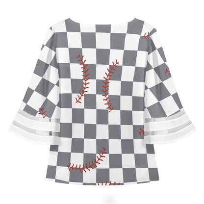 Checkered Bottom Baseball Lace Trim Chiffon Top
