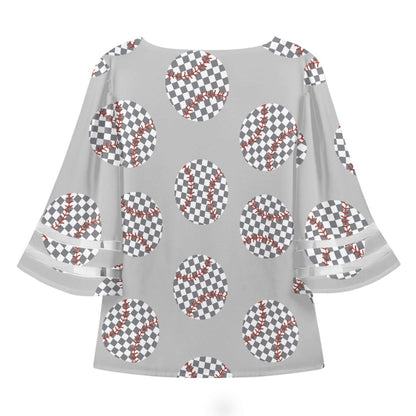 Baseball Lace Trim Chiffon Top Checkerboard Pattern