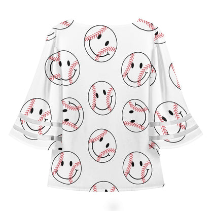 White Smiley Baseball Lace Trim Chiffon Top