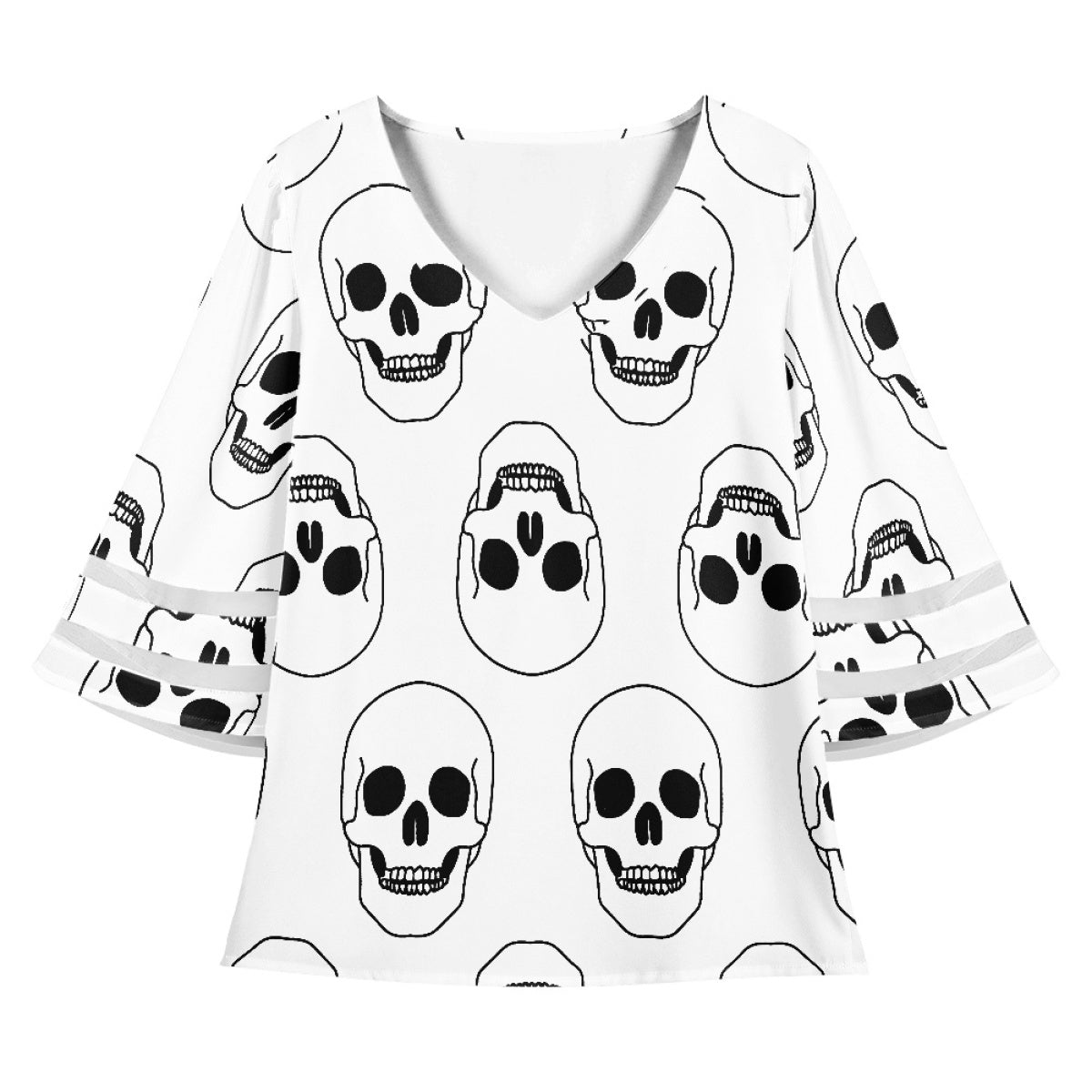 White Upside Down Skull Lace Trimmed Chiffon Top