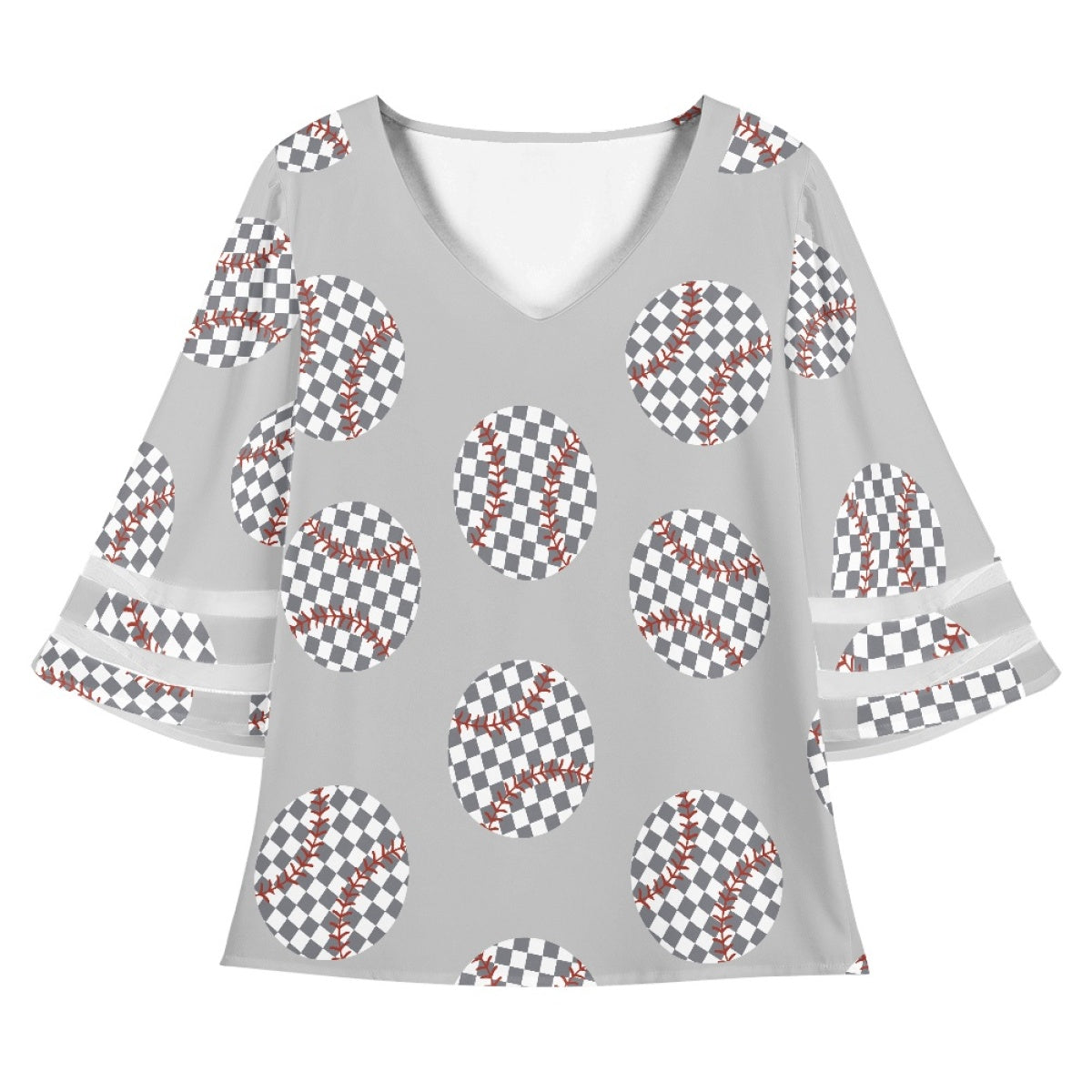 Baseball Lace Trim Chiffon Top Checkerboard Pattern