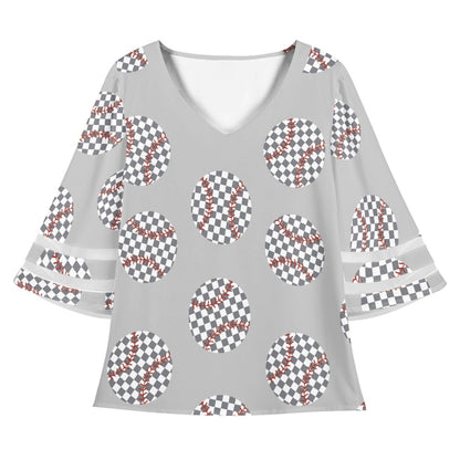 Baseball Lace Trim Chiffon Top Checkerboard Pattern