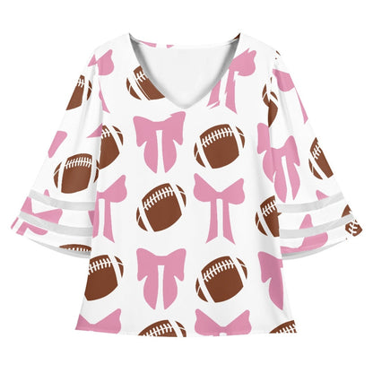 White on Pink Bow Rugby Lace Trim Chiffon Top