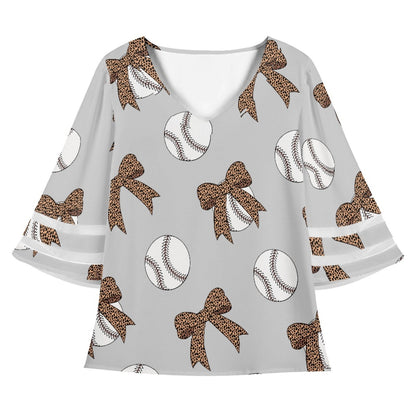 Leopard Bow Baseball Lace Trim Chiffon Top With Gray Background