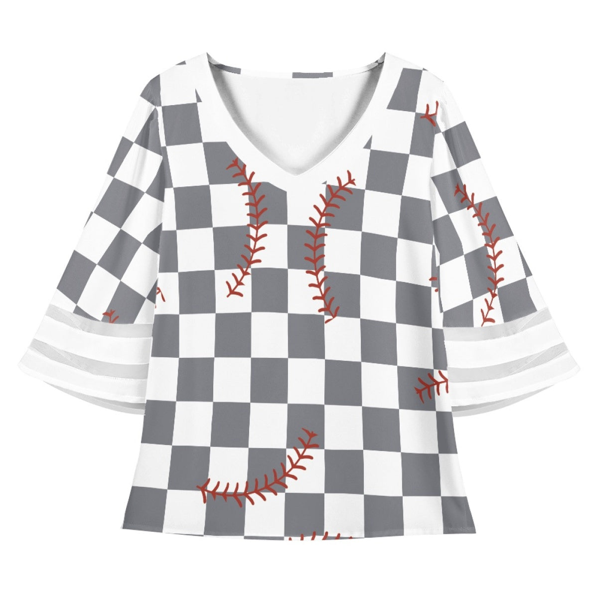 Checkered Bottom Baseball Lace Trim Chiffon Top