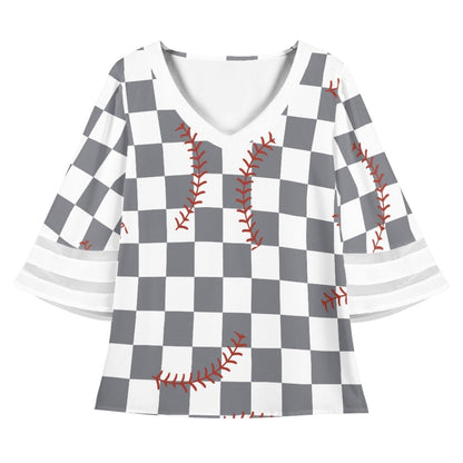 Checkered Bottom Baseball Lace Trim Chiffon Top