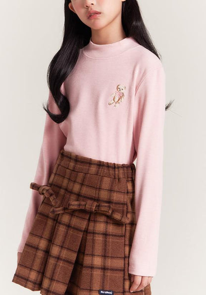 Girls Mock Neck Thermal Top Embroidered Long Sleeve Tee