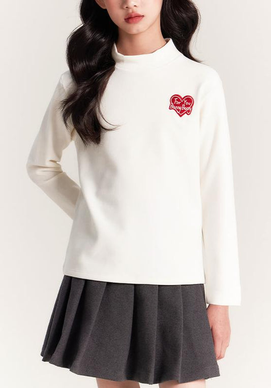 Girls Mock Neck Thermal Top Embroidered Long Sleeve Tee