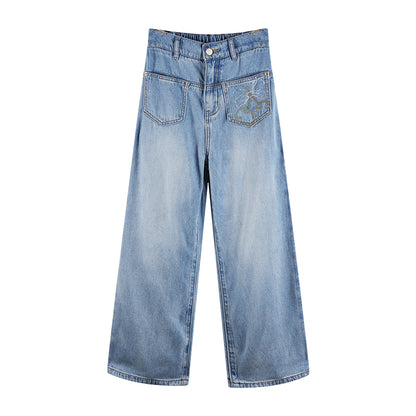 Girls High Waist Butterfly Embroidered Wide Leg Jeans