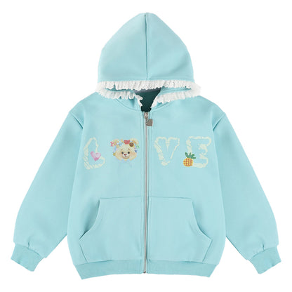 Girls Cartoon Hoodie and Lace Trim Shorts Two-Piece Set