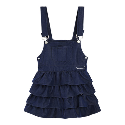 Girls Denim Layered Ruffle Overall Dress Adjustable