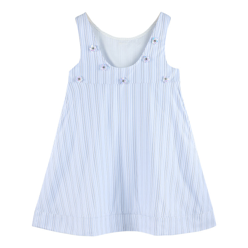 Girls Sleeveless Striped Dress with Floral Embellishments