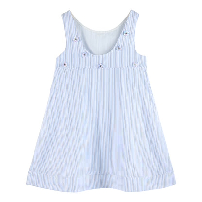 Girls Sleeveless Striped Dress with Floral Embellishments