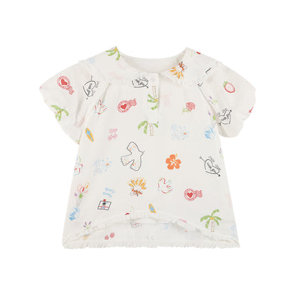 Girls Lace Collar Printed Blouse with Cute Shorts