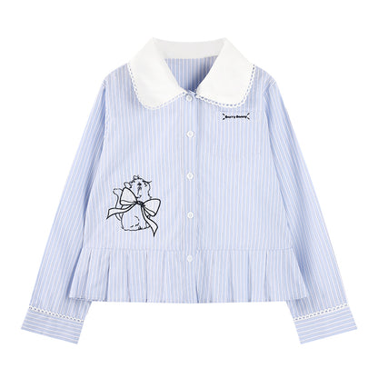 Girls Striped Doll Collar Embroidered Cat Set