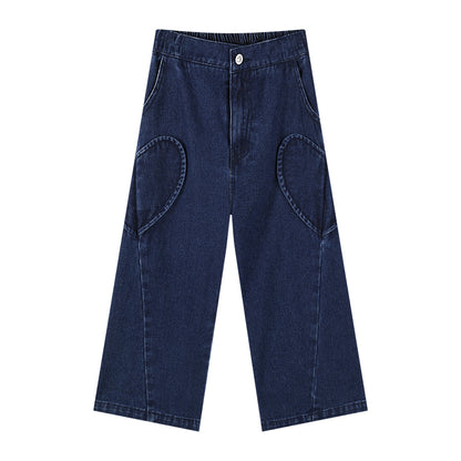 Girls Vintage Embroidered Wide Leg Denim Pants with Pockets