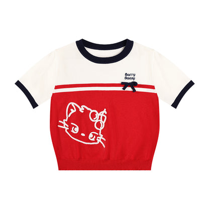 Girls Red Knit Bow Crew Neck Short Sleeve T-Shirt