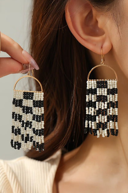 Black Beading Checkered Tassel Bohemisn Hook Earrings