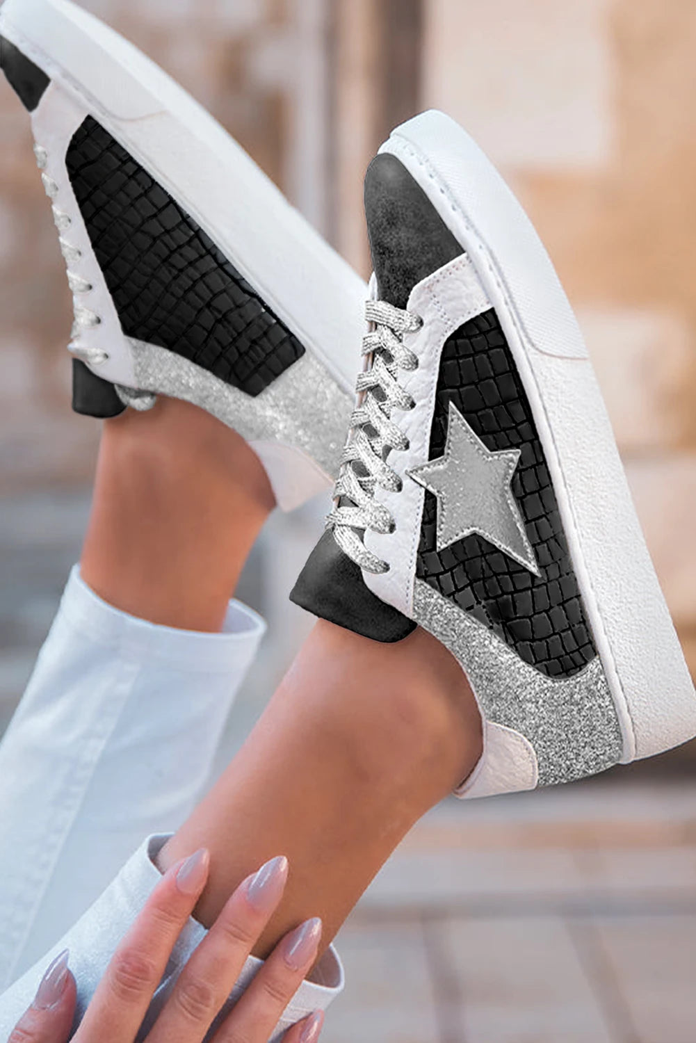 Gold Glitter Star Patchwork PU Leather Lace-up Sneakers