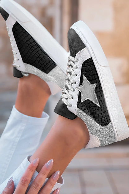 Gold Glitter Star Patchwork PU Leather Lace-up Sneakers