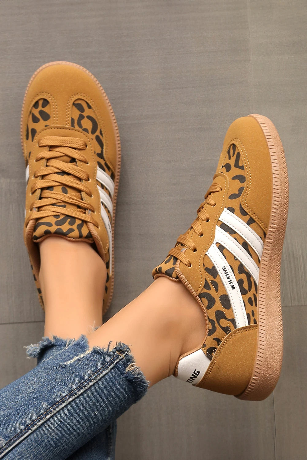 Thai Curry PU Leather Leopard Patchwork Contrast Detail Lace-up Shoes