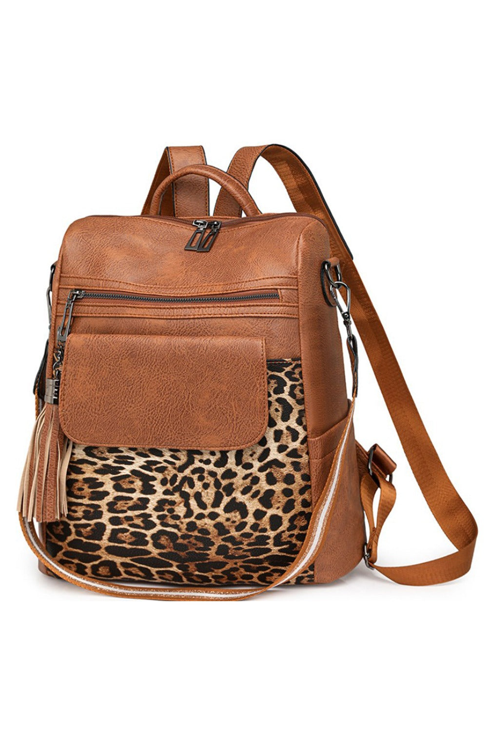 Coffee Leopard Patchwork PU Leather Functional Backpack